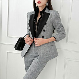 スーツ セットアップ 【ジャケット＋ パンツ】 上下セット スラックス バイカラー ロングパンツ パンツドレス きれいめ おしゃれ 上品 エレガント 結婚式 二次会 お呼ばれ オフィスカジュアル かっこいい 春 秋 冬【hnw4761061】