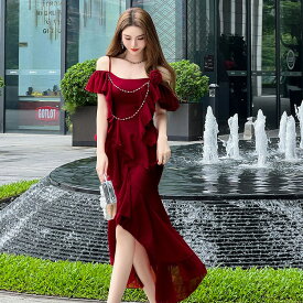 Aラインワンピ パーティードレス フリル縁取り オープンショルダー ビーズチェーン バラ付き フリル キャミワンピ ロング丈 膝丈 きれいめ エレガント 結婚式 春 夏 秋 レディース お呼ばれドレス 【jy8301563】