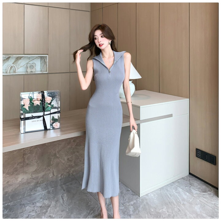 楽天市場】ワンピース 全2色 ハーフジップ リブニット ノースリーブ 