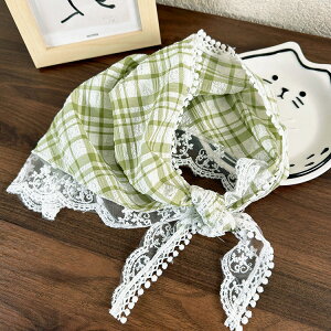 レース 三角巾 バンダナ 全3色 スカーフ チェック柄 三角形 シワ加工 ヘアアクセサリー ファッション小物 日焼け防止 レジャー ネックスカーフ かわいい 女の子 学校 家庭科 調理 クッキング