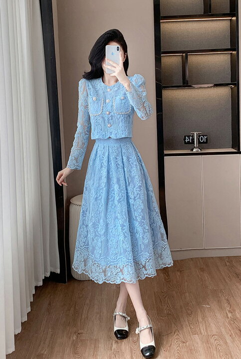レーストップスとフレアスカートのセット Julia flower タックフレア  