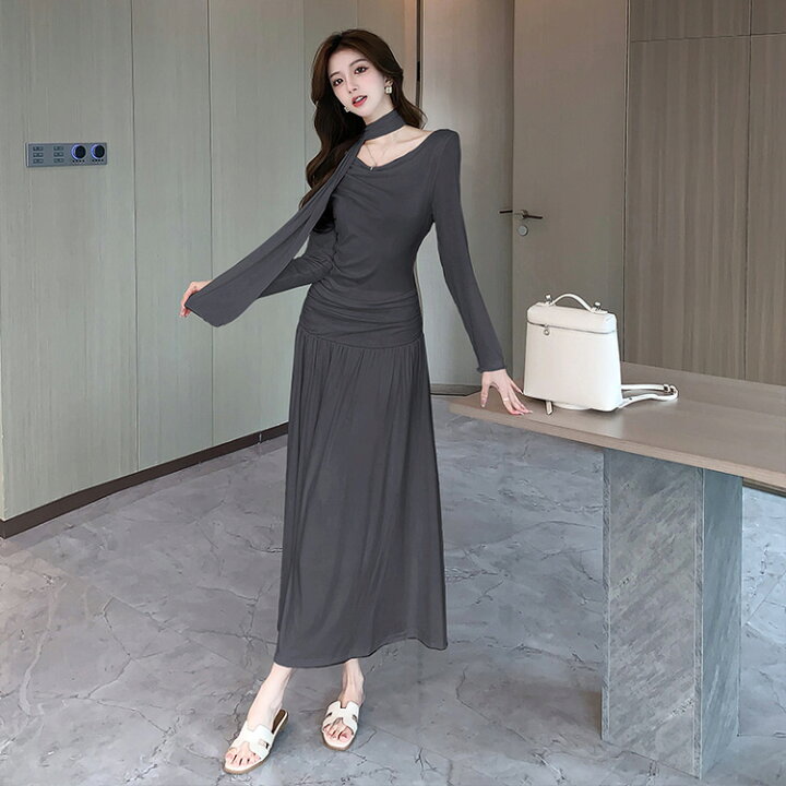 楽天市場】ワンピース ロング丈 Aライン 全3色 ドレープネック  