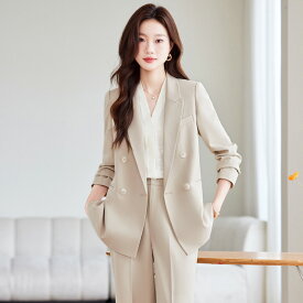 スーツ セットアップ 全2色 ダブルボタン ジャケット パンツ 2点 上下セット ベージュ 淡色 パンツドレス 黒 無地 ボトムス 長袖 スラックス フォーマル きれいめ おしゃれ 通勤 オフィス 大きいサイズ 卒業式 入学式 春服 入学式【zlz1700002】