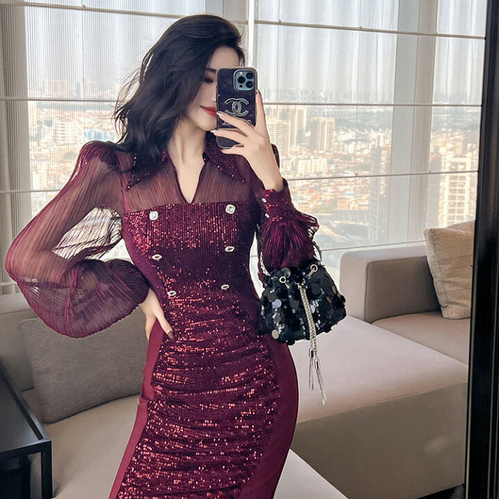 楽天市場】襟付き ワンピース タイト スパンコール ダブルボタン 