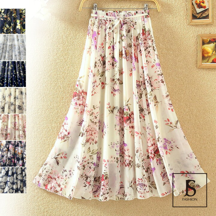 楽天市場 今だけ限定価格 花柄スカート 全12柄 ロングスカート 花柄スカート 夏スカート 花柄 ロング スカート ゴムウエスト 楽チン ラフ マキシ リゾート かわいい 上品 春夏 シフォン 小花柄 大花柄 ホワイト ピンク グリーン きれいめ 海 ビーチ 体型カバー