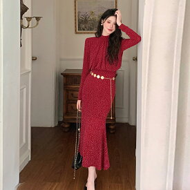 ブラウジング ワンピース ベルト付き ウェスト切替 ビジューストーン施し ラメ糸 ストレッチ パーティードレス お呼ばれドレス タイトライン ラウンドネック 長袖 膝丈 レッド ブラック マーメイド ドット かっこいい 大きいサイズ 結婚式 二次会 春 夏 S M L XLサイズ