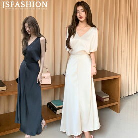 デザイン感のある Vネック ドレープ サテンワンピース レディース リボン結び ウェスト ロングドレス パーティードレス お呼ばれドレス エレガント S M Lサイズ 春夏 ブラック アイボリー