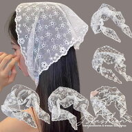 レース三角巾 バンダナ 全5柄 三角スカーフ 刺繍レース 白 ホワイト 花柄 三角形 ヘアアクセサリー ファ…