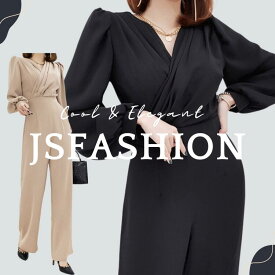 パンツドレス 結婚式 全2色 カシュクール パーティードレス ロングパンツ ワイドパンツ 無地 黒 長袖 マキシ丈 きれいめ オールインワン 上品 オフィスカジュアル 大きいサイズ かっこいい オケージョン お呼ばれドレス 二次会【hnw4760910】