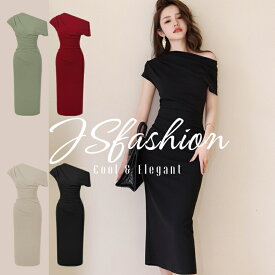 ワンショルダー ワンピース 半袖 全4色 タイトワンピ 無地 タイト パーティードレス ワンピース ブラックドレス 黒 赤 緑 ロング丈 きれいめ スリム 細見え おしゃれ セクシー 上品 シンプル 二次会ドレス 演奏会 春夏 オケージョン【jy8300729】