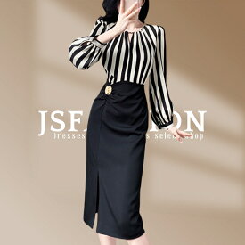 パーティードレス ブラウス風 ドッキング ワンピース お呼ばれドレス モノクロ ストライプ バイカラー 長袖 ブラックドレス 黒 膝丈 ひざ丈 ミディアム丈 おしゃれ かっこいい 二次会 演奏会 同窓会 ハロウィン 春 秋 冬【wm4820307】