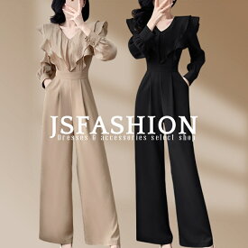 パンツドレス パーティードレス 全2色 オールインワン フリル襟 長袖 ロングパンツ フレアパンツ ワイドパンツ かっこいい きれいめ 黒 ブラック ブラウン 結婚式 二次会 同窓会 お呼ばれドレス 成人式 春 秋 冬 【wm4820308】