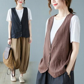 ベスト レディース サマーベスト 綿麻風 ショート ゆったり ベスト レディース 春夏 レディースベスト 夏ベスト ジレ 無地 薄手 前開き トップス シニア オフィス ゴルフ 送料無料