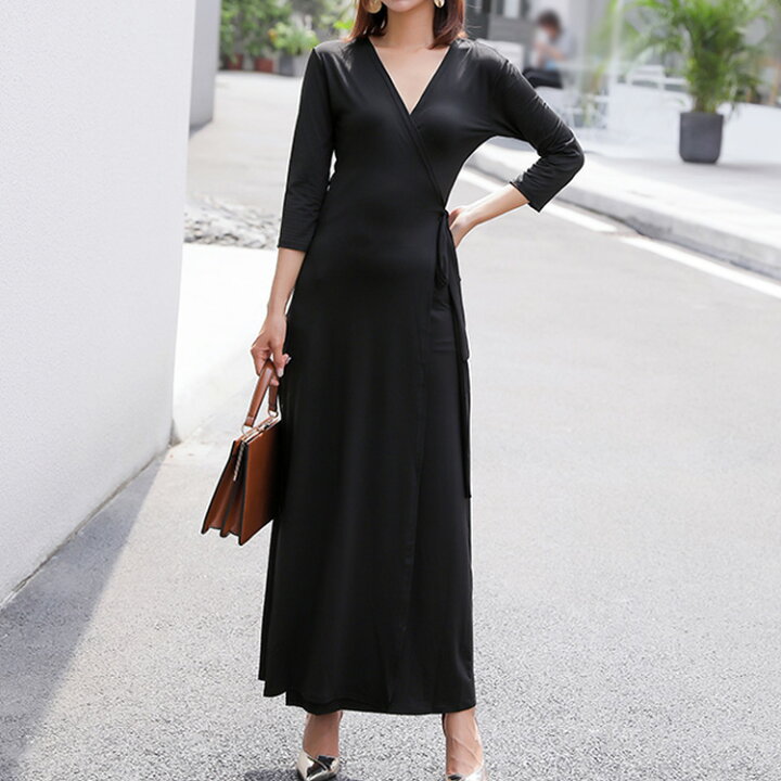 楽天市場】ワンピース 黒 カシュクール 無地 ブラック ロングワンピ 