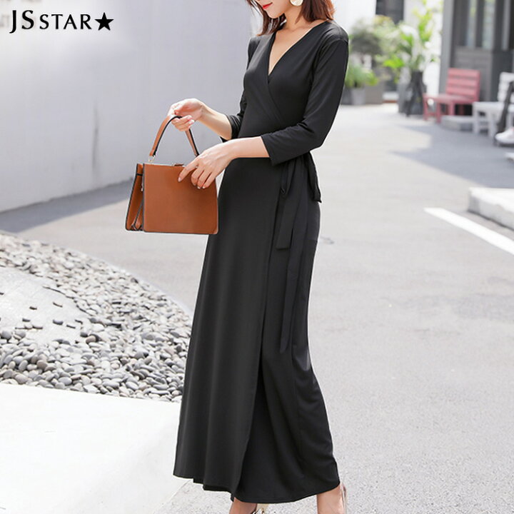 楽天市場】ワンピース 黒 カシュクール 無地 ブラック ロングワンピ  