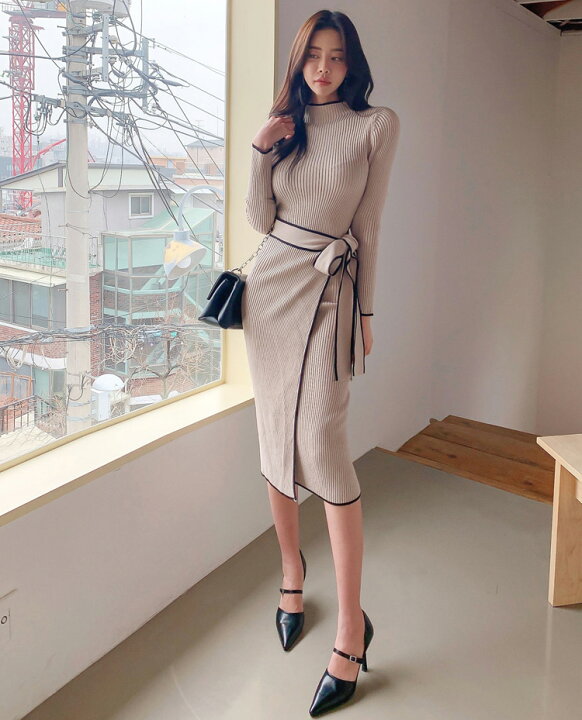 楽天市場】ニットワンピース 全2色 春 秋 冬 タイトワンピ バイカラー  