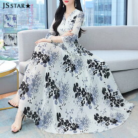 花柄 ワンピース 全2色 春夏Aライン ロングワンピース リボン シースルー シフォン 七分袖 マキシ丈 マキシワンピ きれいめ 体型カバー 大きいサイズ 上品 お呼ばれ パーティードレス リゾートワンピース 花柄ワンピ