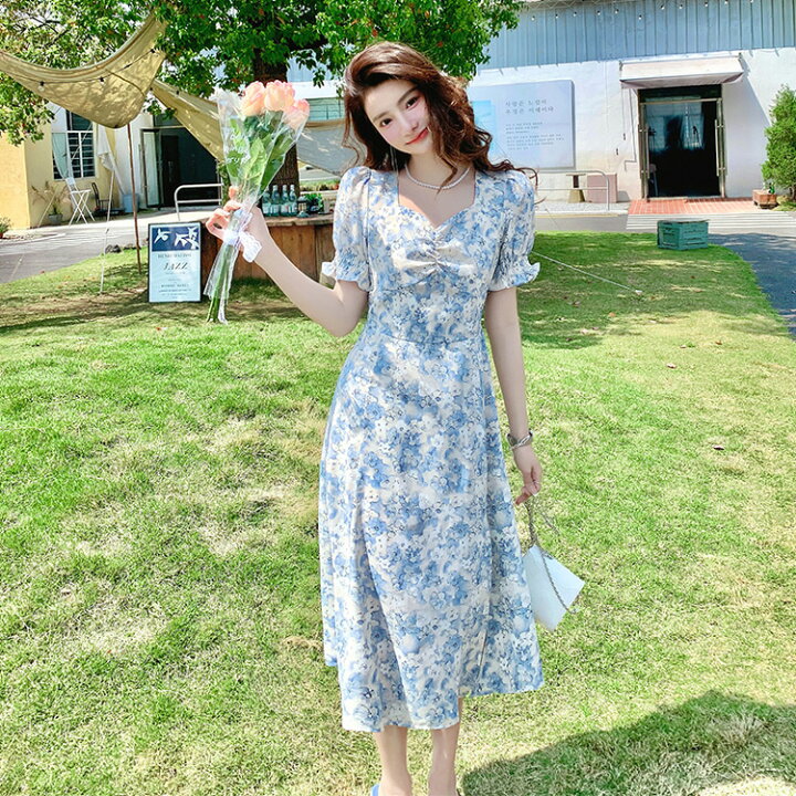 楽天市場】花柄ワンピース 半袖 ハートネック パフスリーブ Aライン 