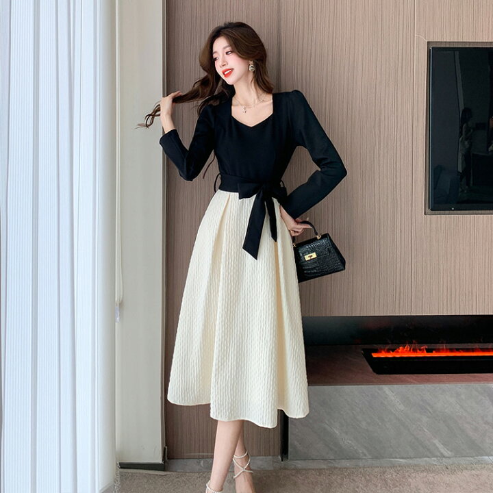 楽天市場】Aラインワンピ 選べる2丈 リボン付き バイカラー ワンピース  