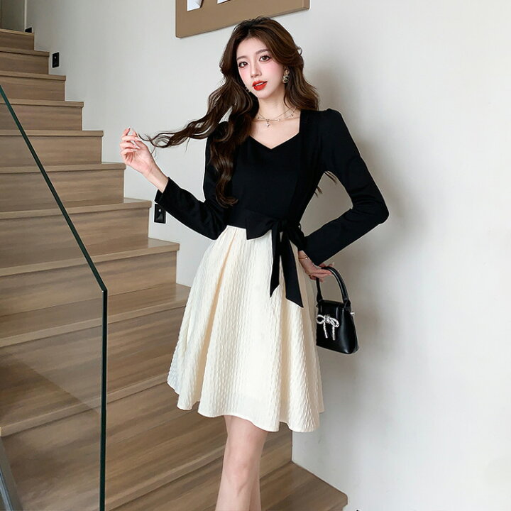 楽天市場】Aラインワンピ 選べる2丈 リボン付き バイカラー ワンピース  