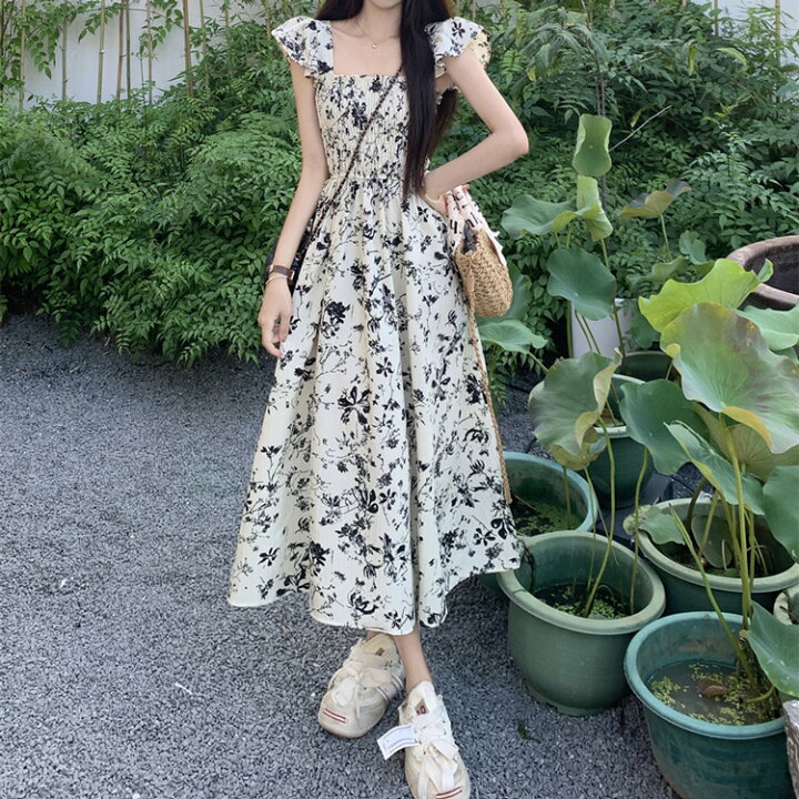 楽天市場】胸元 シャーリング ワンピース 花柄ワンピース マキシワンピ  