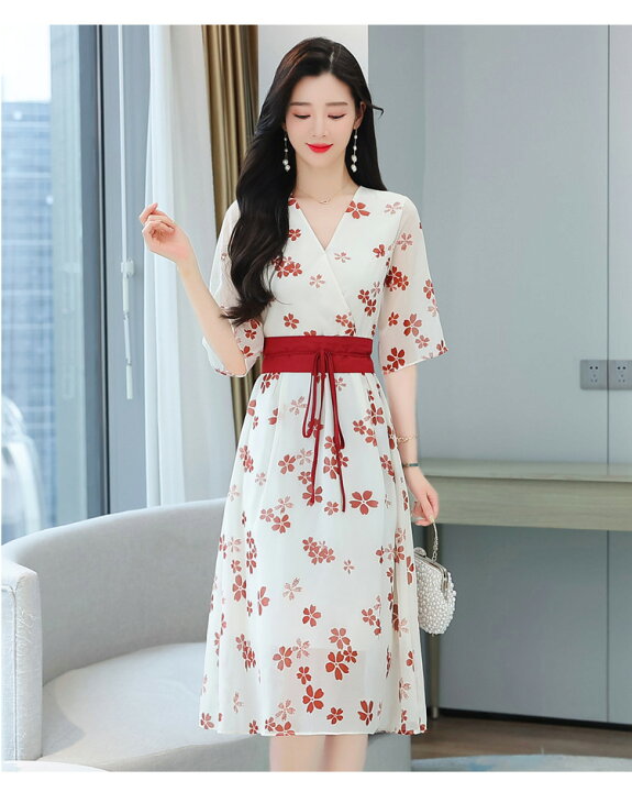 楽天市場】和柄 花柄ワンピース カシュクール Vネック シフォン 五分袖 