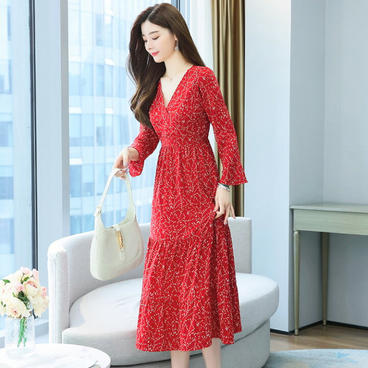 楽天市場】ワンピース 柄プリント リーフ柄 レッド 赤 Aライン ロング  