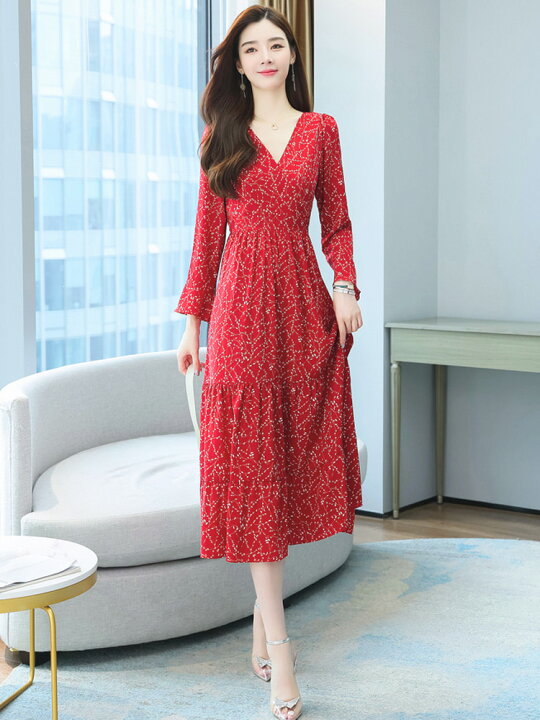 楽天市場】ワンピース 柄プリント リーフ柄 レッド 赤 Aライン ロング  