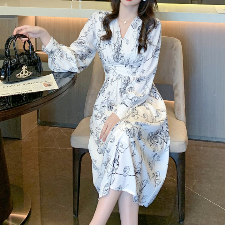 楽天市場】ワンピース 花柄ワンピ Vネック Aライン ロングワンピ 長袖 