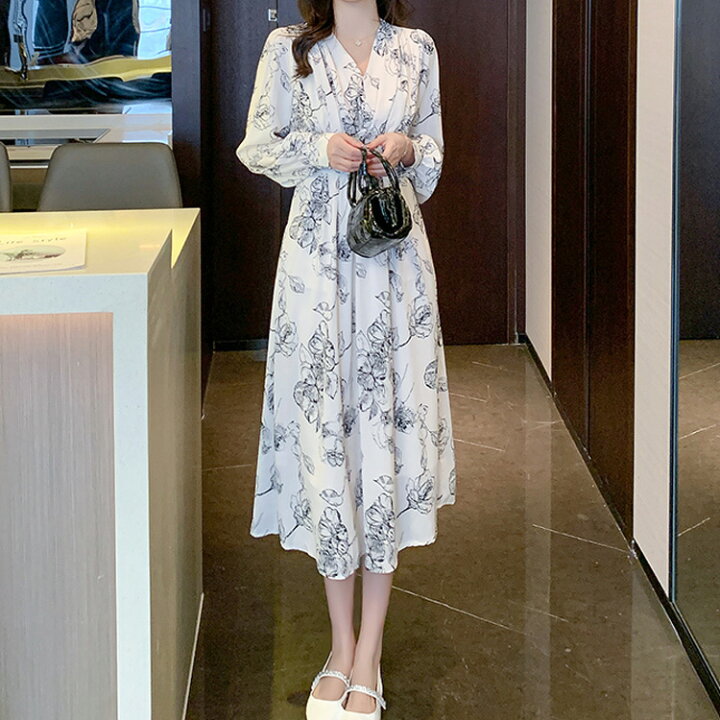 楽天市場】ワンピース 花柄ワンピ Vネック Aライン ロングワンピ 長袖 