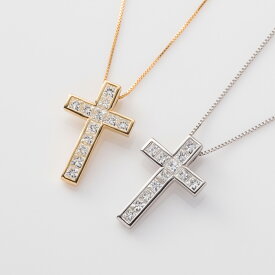 クロスペンダントトップ プリンセスカットダイヤモンド VSクラス、Hカラー 12石 計0.55ct Pt900/K18 ペンダントトップ ゴールド ＊鑑別書付き