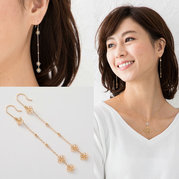 楽天市場】フラワーチェーンピアス フックピアス 花モチーフ ゴールド  