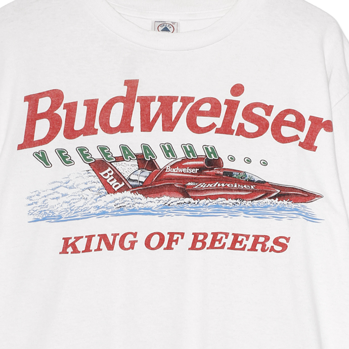 バドワイザー Budweiser キング・オブ・ビール プリント 半袖Tシャツ メンズMサイズ ホワイト アメリカ製 ユーズド 古着  t200518-203 | 神戸パティーナ