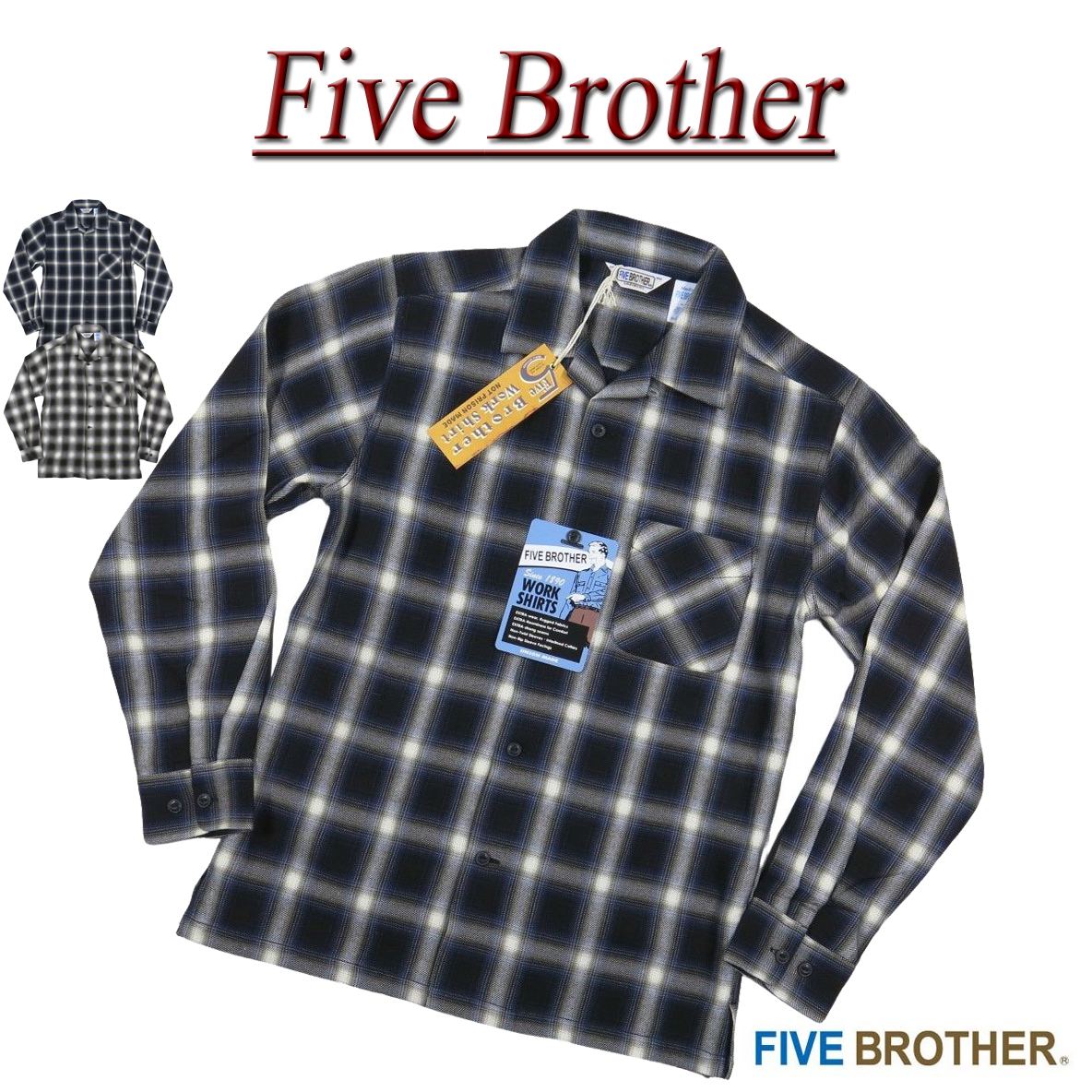 【2色4サイズ】 je332 新品 FIVE BROTHER オンブレチェック オープンカラー 長袖 ライトネルシャツ 152101 メンズ  ファイブブラザー LIGHT FLANNEL WORK SHIRTS フランネルシャツ チェックシャツ ワークシャツ Made in INDIA 