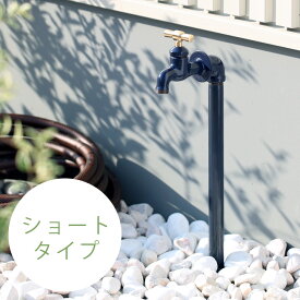 【水栓柱】【ビンテージ風】「配管パイプ立水栓 ショート （水栓柱＋蛇口1個+ホースアダプター1個セット）」