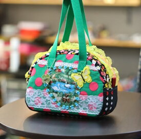 【Seori Bag 】JuJuオリジナル【飛蝶姫のBag（池の白鳥と黄色い蝶のbag）】ミニボストンバッグ/オリジナルバッグ希少可愛いコットンバッグ