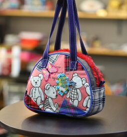 【Seori Bag 】JuJuオリジナル【飛蝶姫のBag（くまさんと運を上げる蝶とチェックコラボのBag）】ミニボストンバッグ/オリジナルバッグ希少可愛いコットンバッグ