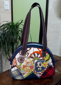 JuJuオリジナル【きのこと、パンダが、猫のコラボ】ミニボストンバッグ/オリジナルバッグ希少可愛いコットンバッグ