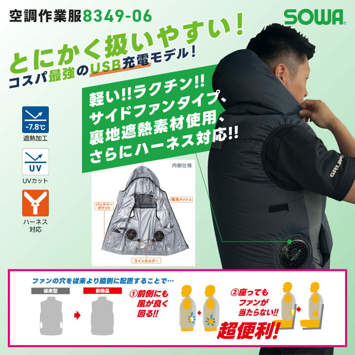 楽天市場】SOWA 空調作業服ファンバッテリーセット 8349-06 ネイビー 