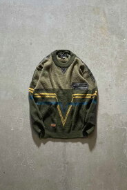 【中古】MIN CHU (ミン チュウ) 80'S LEATHER SWITCHING WOOL ACRYLIC DESIGN KNIT SWEATER 80年代 レザー スウィッチング ウール アクリル デザイン ニット セーター KHAKI [SIZE: M USED]