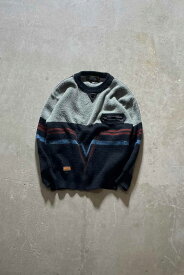 【中古】MIN CHU (ミン チュウ) 80'S LEATHER SWITCHING WOOL ACRYLIC DESIGN KNIT SWEATER 80年代 レザー スウィッチング ウール アクリル デザイン ニット セーター NAVY [SIZE: M USED]