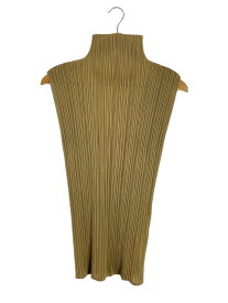 【中古】PLEATS PLEASE ISSEY MIYAKE◆ノースリーブカットソー/プリーツ/ハイネック/4/ポリエステル/KHK/無地【レディースウェア】