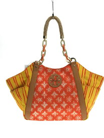 【中古】TORY BURCH◆トートバッグ/キャンバス/マルチカラー/総柄/ストライプ/パッチ/オレンジ/黄色/イエロー【バッグ】