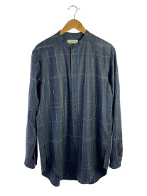 【中古】amachi.◆ノーカラーチェックシャツ/長袖シャツ/6/ウール/NVY/チェック/010P【メンズウェア】