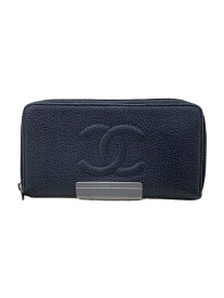 【中古】CHANEL◆キャビアスキン ココマーク ラウンド/長財布/レザー/ブラック/無地/レディース【服飾雑貨他】