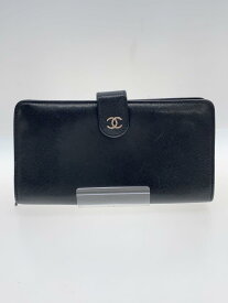 【中古】CHANEL◆長財布/レザー/BLK/無地/レディース/カドスレ有【服飾雑貨他】