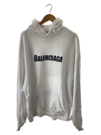 【中古】BALENCIAGA◆22AW/Destroyed Logo-Print Hoodie/ダメージパーカー/M/コットン/白【メンズウェア】