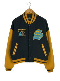 【中古】STUSSY◆90S/STADIUM JACKET/BIG 4/レザー切替スタジャン/S/ウール/NVY【メンズウェア】