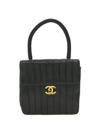 【中古】CHANEL◆マドモアゼルストライプ/ハンドバッグ/レザー/BLK【バッグ】