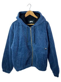 【中古】STUSSY◆フーデッド/ボア/ジャケット/M/コーデュロイ/BLU【メンズウェア】